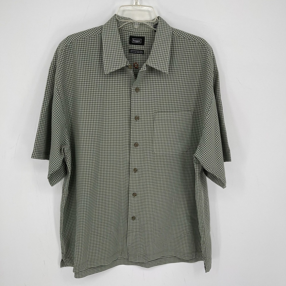 Haggar Men's Green Plaid Performance Wear Short Sleeve Button Down Shirt Size XL